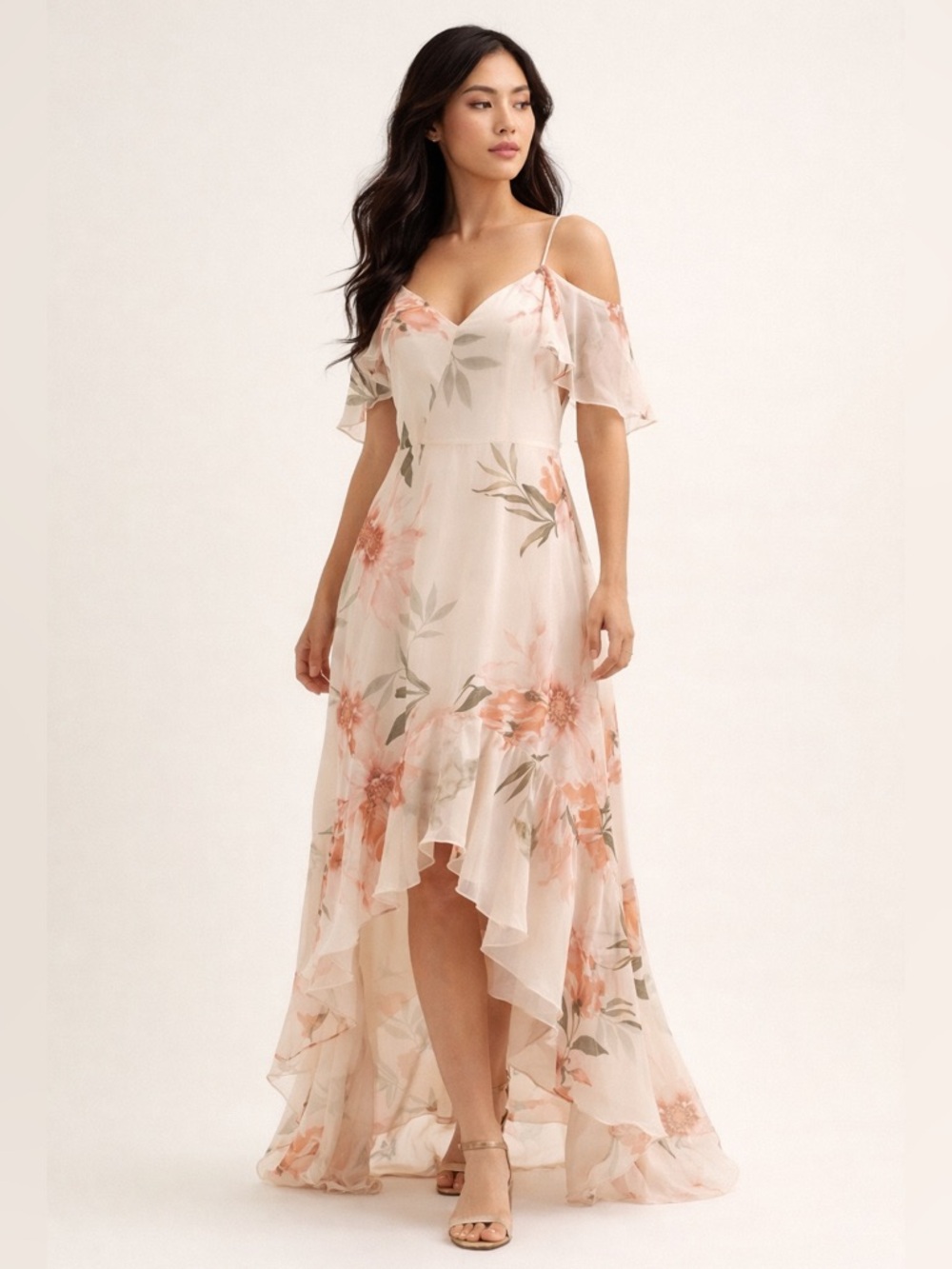 Y2K Ethereal Floral High-Low Chiffon Maxi Nap Dress Fluid Fairy Romantic Size S